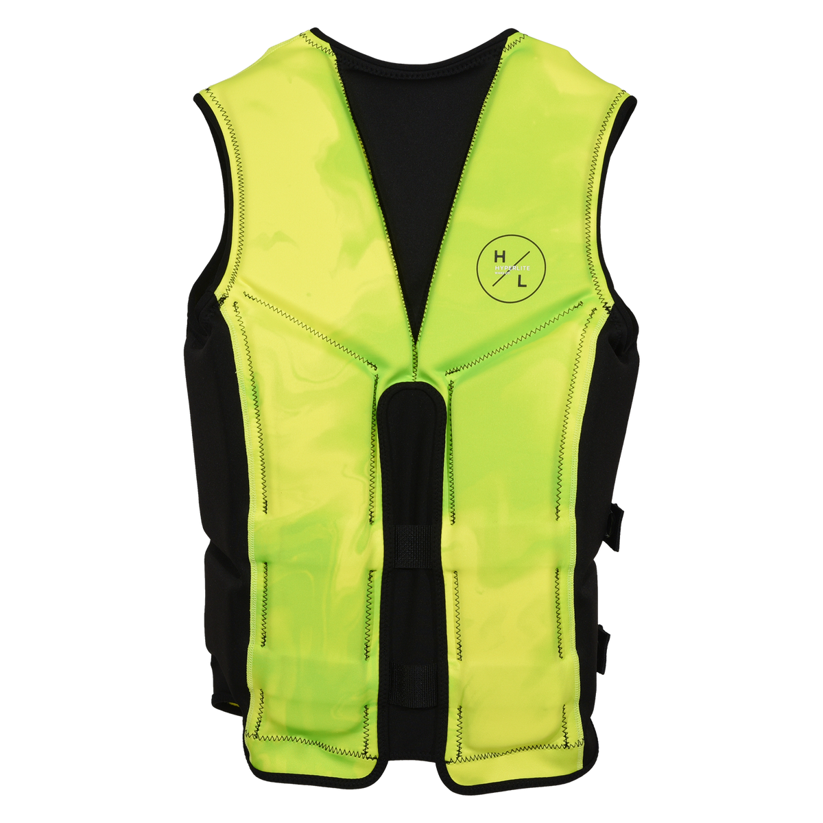 Back view of the Caliber life vest in Hi-Viz, with green marbling, black side panels, and a split back.