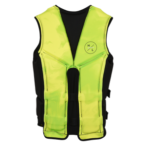 Back view of the Caliber life vest in Hi-Viz, with green marbling, black side panels, and a split back.