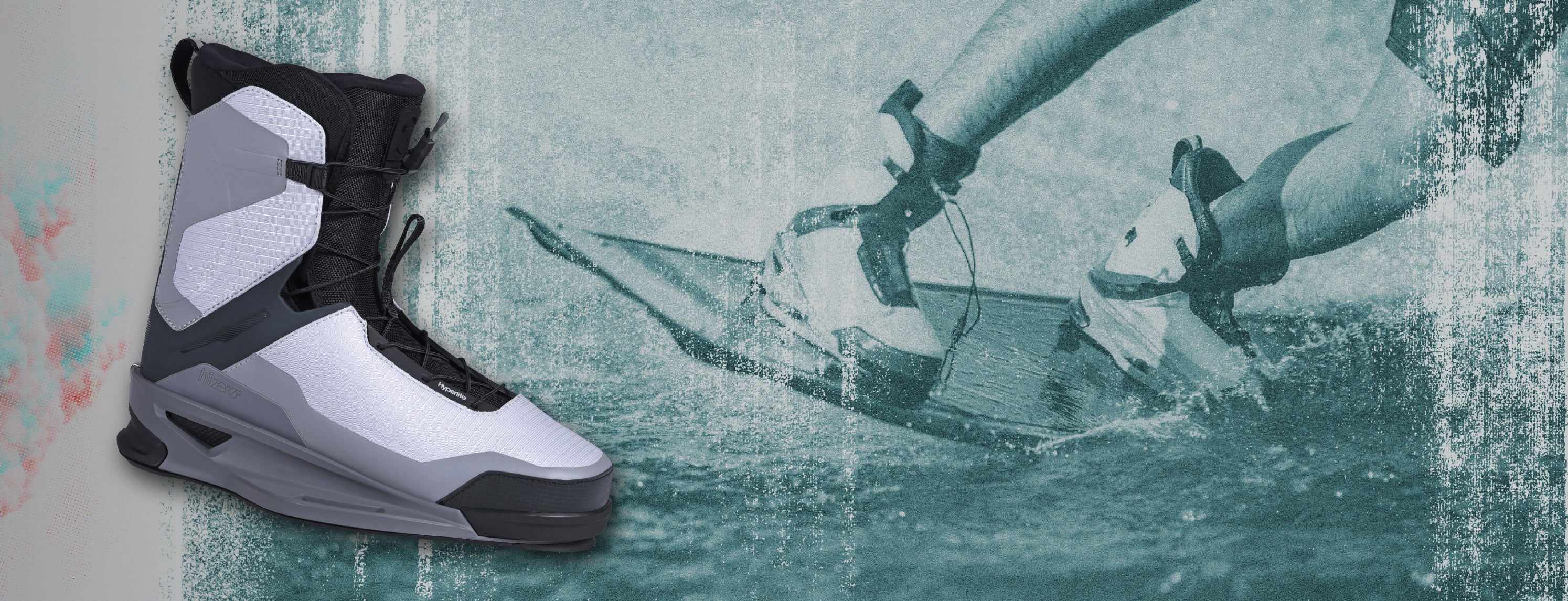 Wakeboard boot with a blue wakeboarding background.