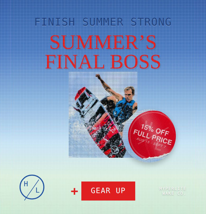 Promotional graphic for Hyperlite featuring the text 'SUMMER'S FINAL BOSS' in red on a blue gradient background, with a central pixelated photo of a wakeboarder and a red circular badge offering '15% OFF FULL PRICE'.