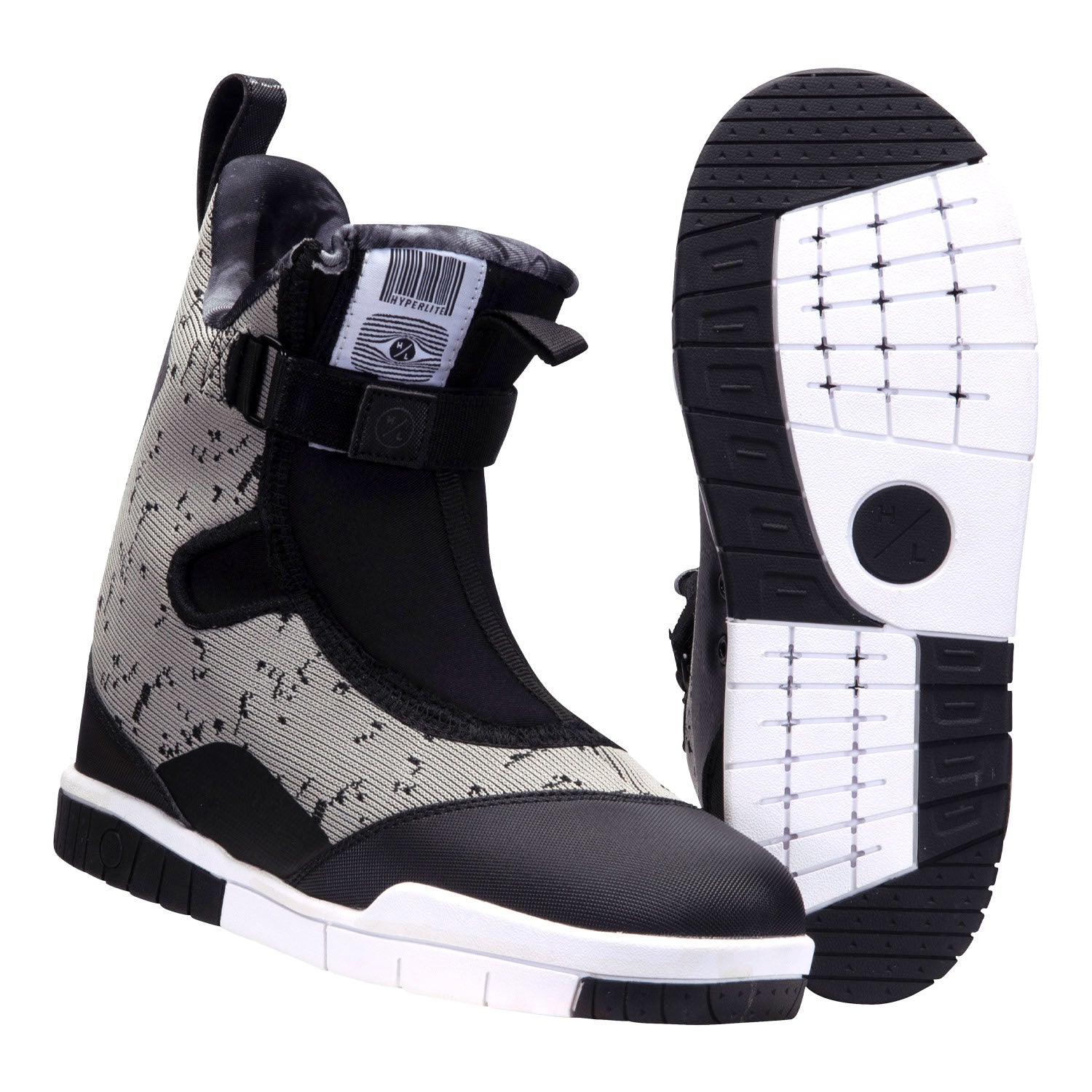 Gray/black Gooey Boot 2022; one displayed upright, featuring white soles.