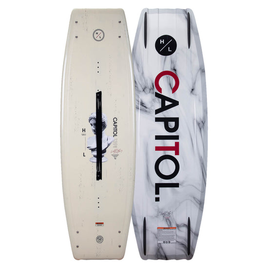 Top and base of Capitol 2023 wakeboard: graphic white; marble with logo, Dual Concave Base.