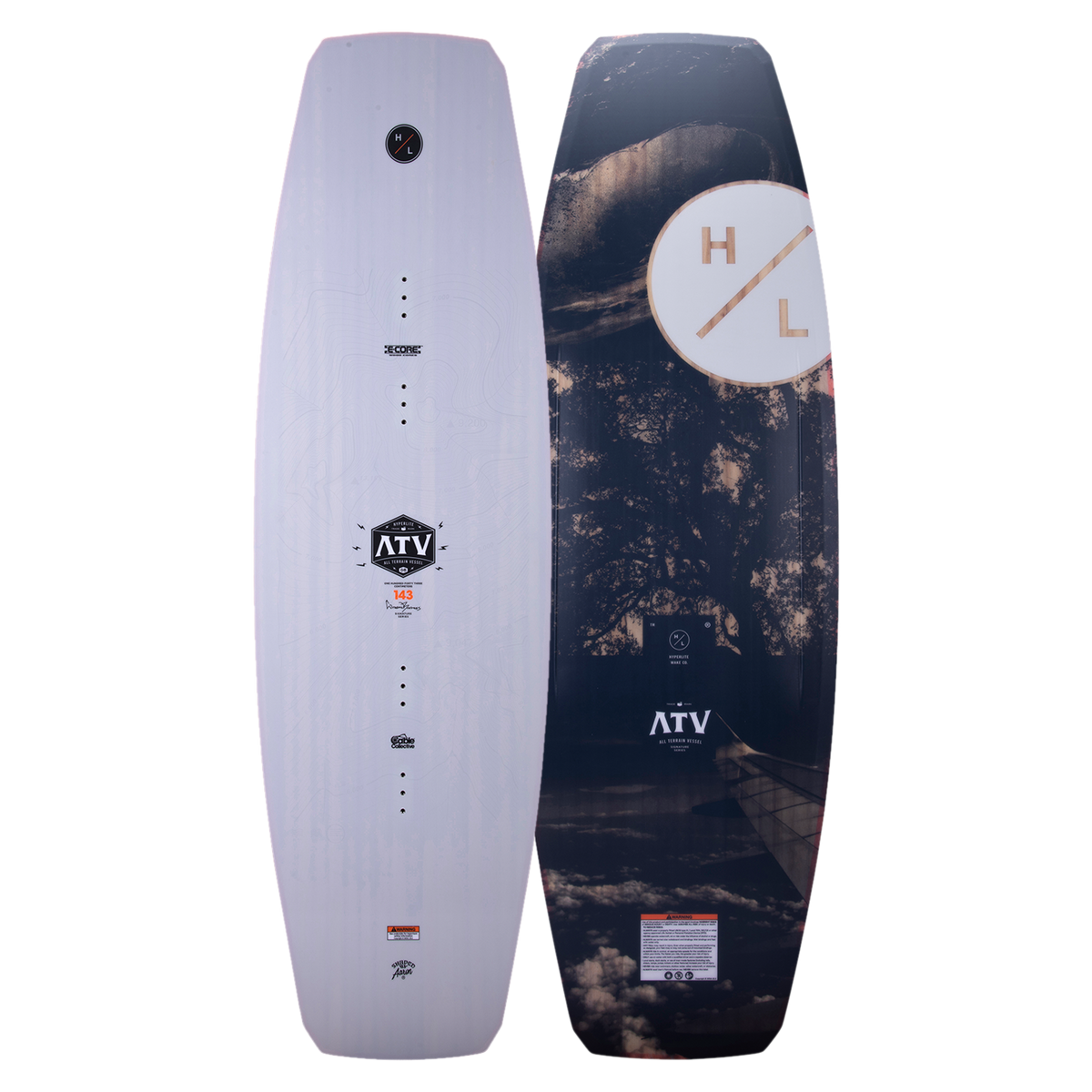 One white logo, one forest-themed H/L logo, both on the ATV 2023 wakeboard with E-Core.