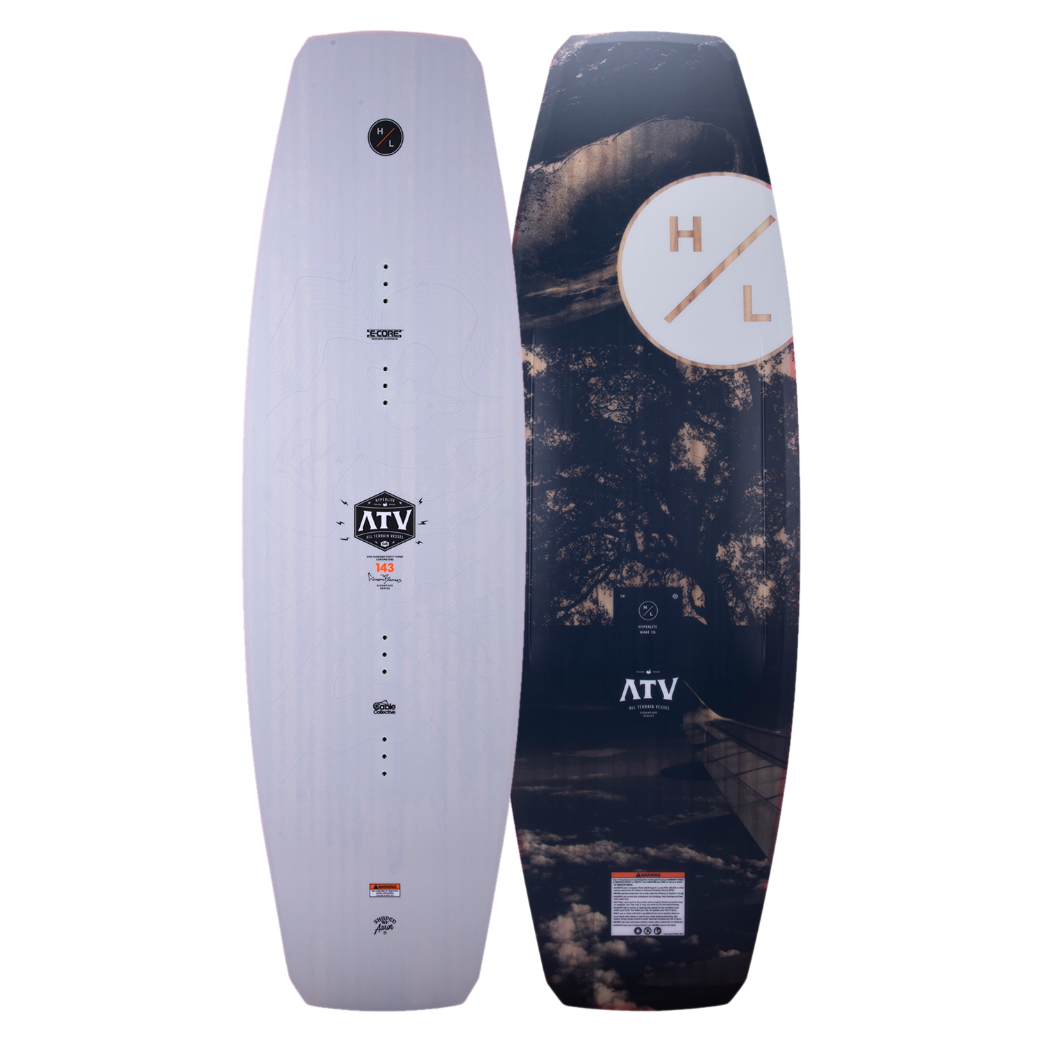 One white logo, one forest-themed H/L logo, both on the ATV 2023 wakeboard with E-Core.