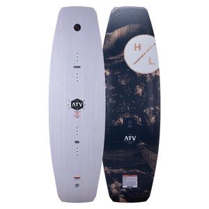 One white logo, one forest-themed H/L logo, both on the ATV 2023 wakeboard with E-Core.