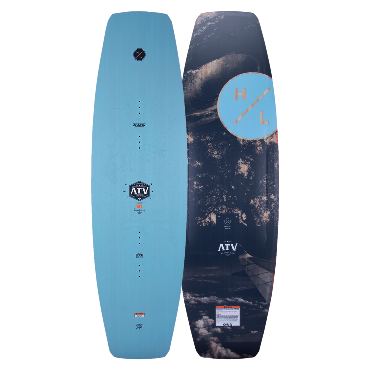Top and base of wakeboard, blue and forest designs with E-Core, showcased: ATV 2023.