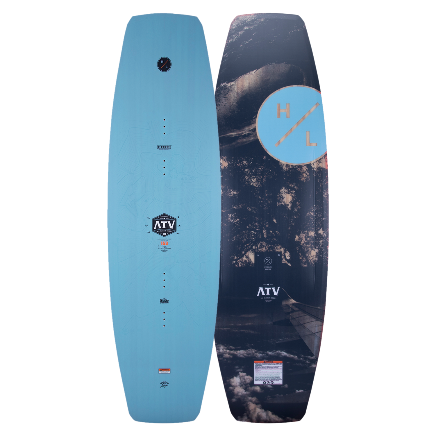 Top and base of wakeboard, blue and forest designs with E-Core, showcased: ATV 2023.