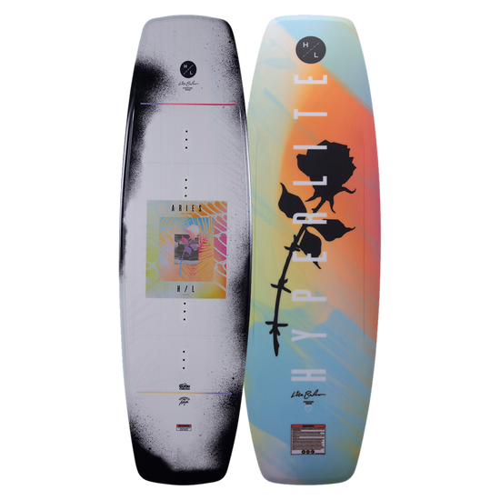 Top and base of vibrant wakeboard, one with a rose design, including the Aries 2023 model.