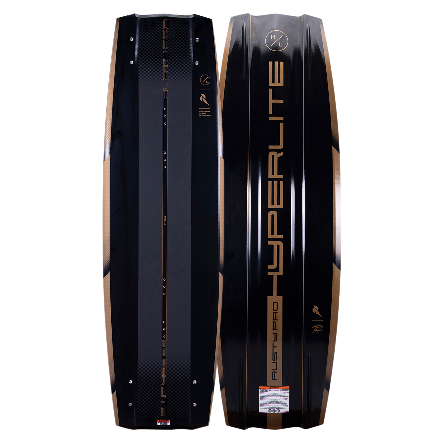 Rusty Pro 2023 wakeboard, black and gold, with Biolite 3 Core and sleek design.