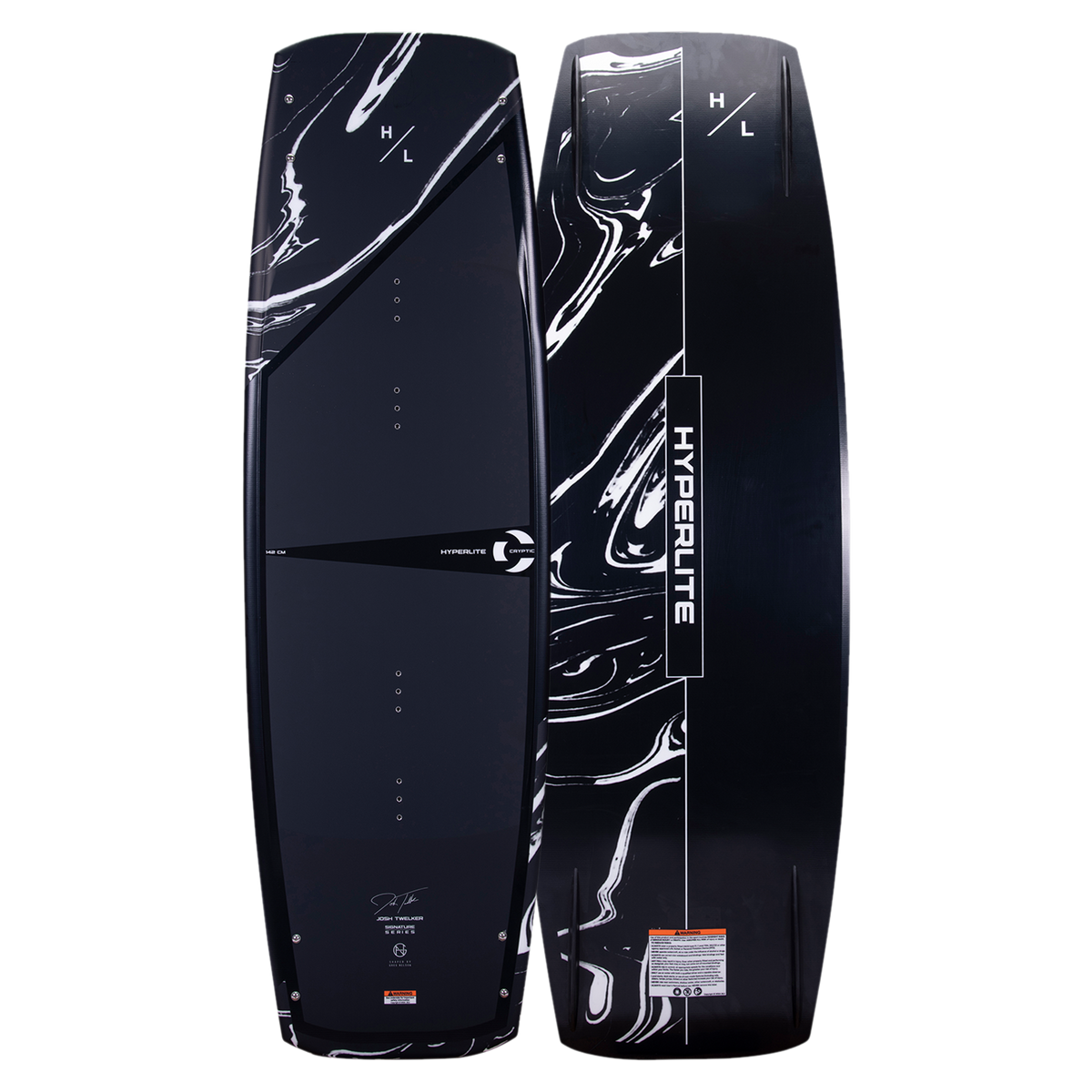 Top and base of Cryptic 2023 Hyperlite wakeboard with swirling patterns and variable edge design.
