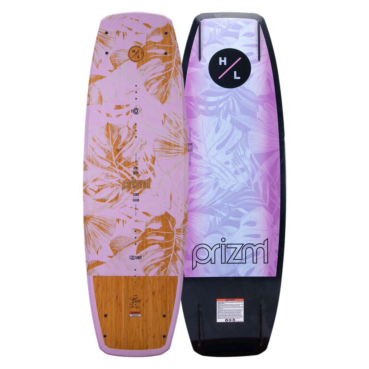 Top and base of Prizm 2023 wakeboard with tropical leaf designs, one pink and one purple.