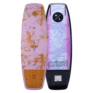 Top and base of Prizm 2023 wakeboard with tropical leaf designs, one pink and one purple.