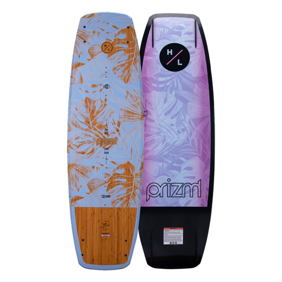 Top and base of colorful wakeboard with leaf patterns, logos, and a Prizm 2023 wakeboard design.