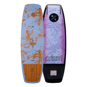 Top and base of colorful wakeboard with leaf patterns, logos, and a Prizm 2023 wakeboard design.