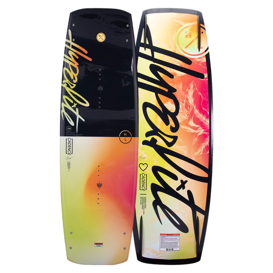 Top and base of vibrant Cadence 2023 wakeboard featuring bold lettering and continuous rocker designs.