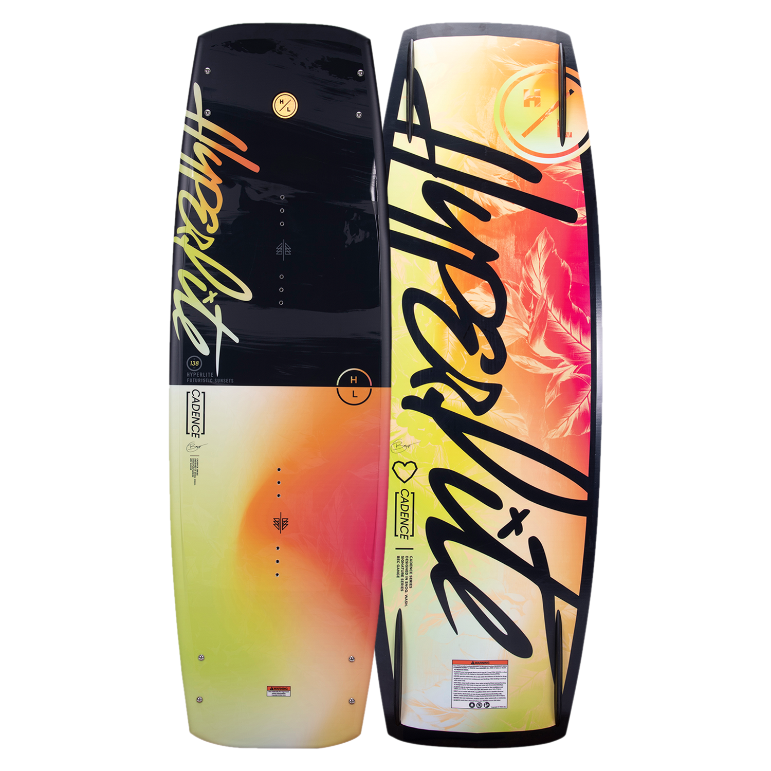 Top and base of vibrant Cadence 2023 wakeboard featuring bold lettering and continuous rocker designs.