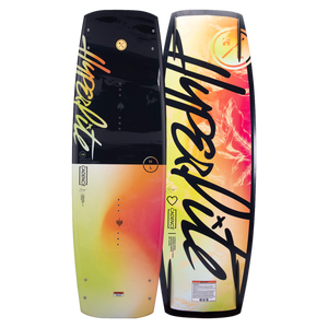 Top and base of vibrant Cadence 2023 wakeboard featuring bold lettering and continuous rocker designs.
