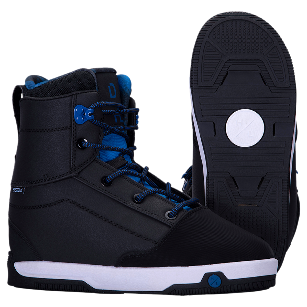 Distortion Boot 2023: Black snowboard boots with blue laces, side and sole views.