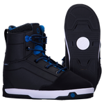Distortion Boot 2023: Black snowboard boots with blue laces, side and sole views.