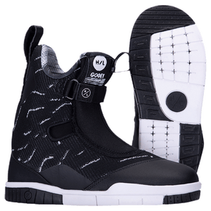 Gooey Boot 2023: Black/white snowboard boots with lace system and textured soles.
