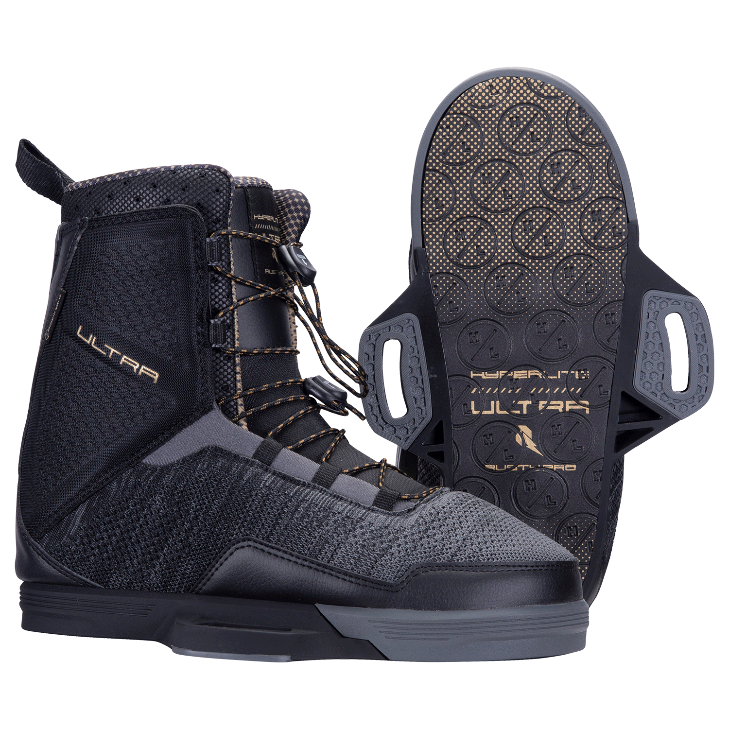Ultra Binding 2023: Black/gray high-top boot with Fusion Plate, designed for outdoor use.
