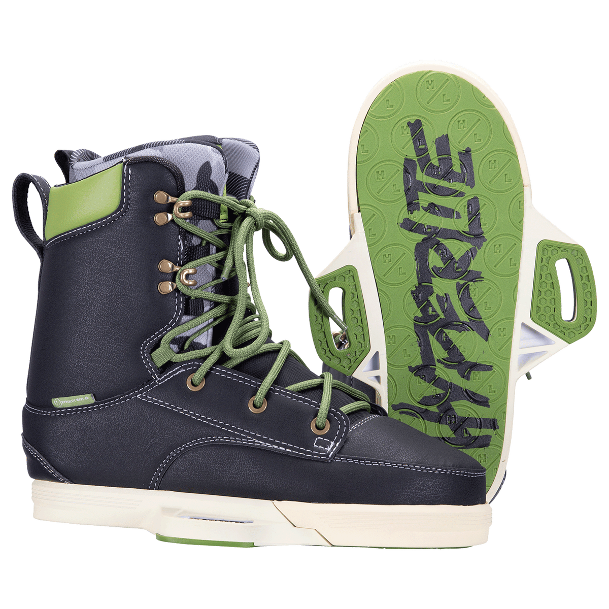 Codyak Binding 2023: Black & green boots with camo, a pro liner, and patterned soles.