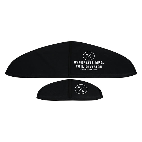 Top view of the Foil Wing Cover Set for Booster and Commander with black sleeves and printed logos.