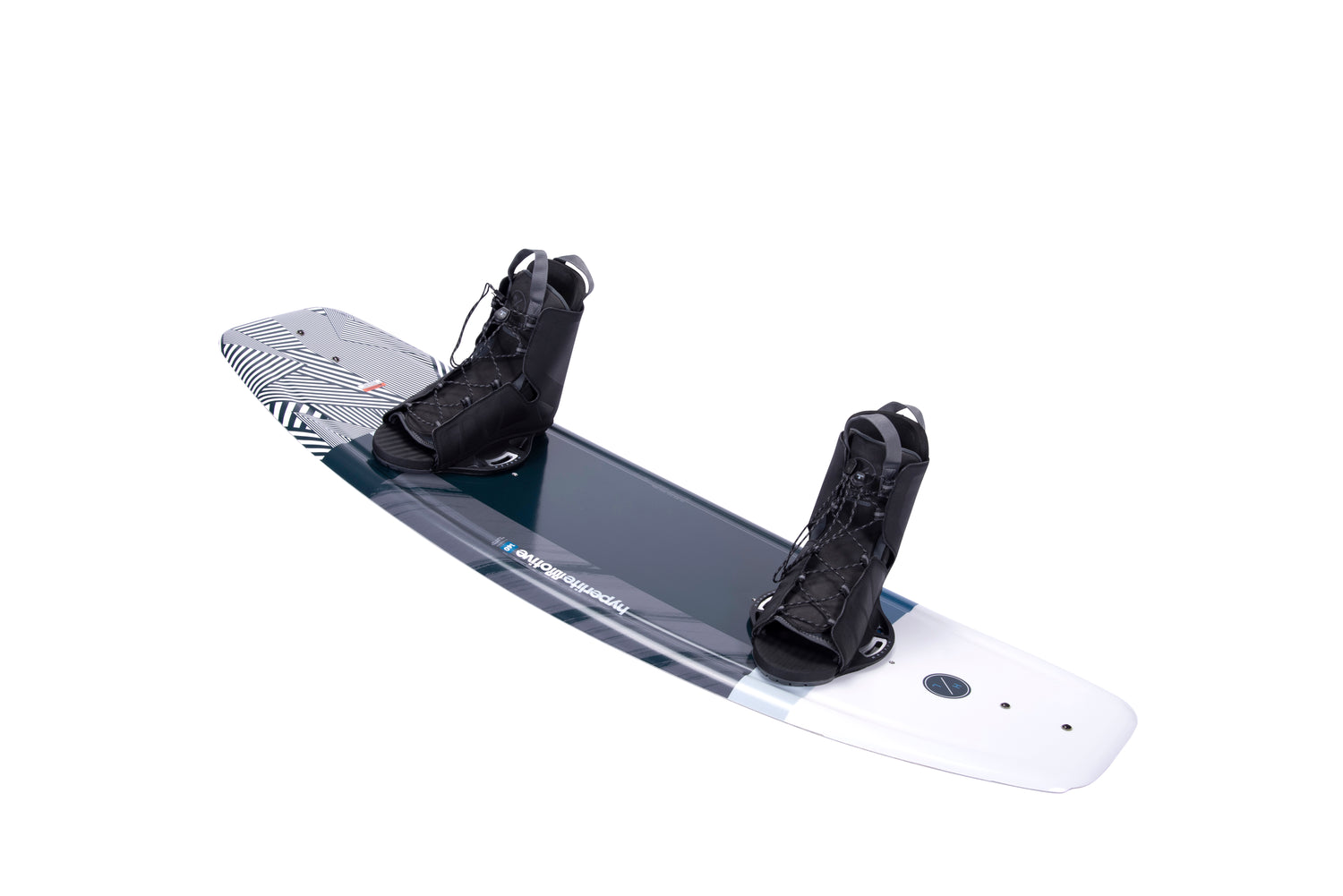 Angled view of the Motive Wakeboard with black Frequency bindings and graphic deck design.