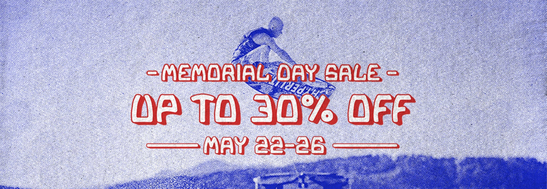Blue-toned wakeboarder graphic with red text reading "Memorial Day Sale – Up to 30% Off."