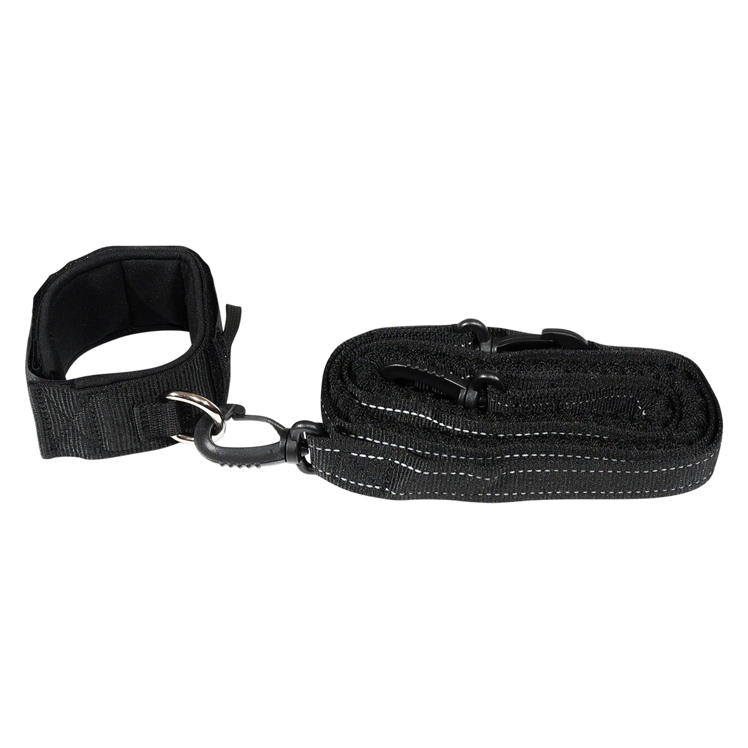 Side view of the iSUP Ankle Leash with padded ankle cuff and coiled black leash.