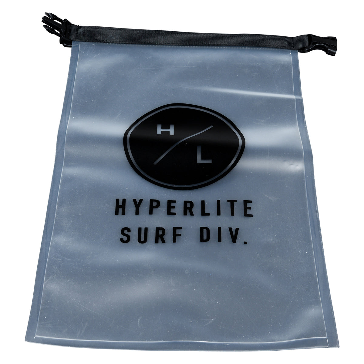 Front view of the iSUP Dry Bag laying flat with clear material and printed logo.