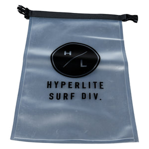 Front view of the iSUP Dry Bag laying flat with clear material and printed logo.
