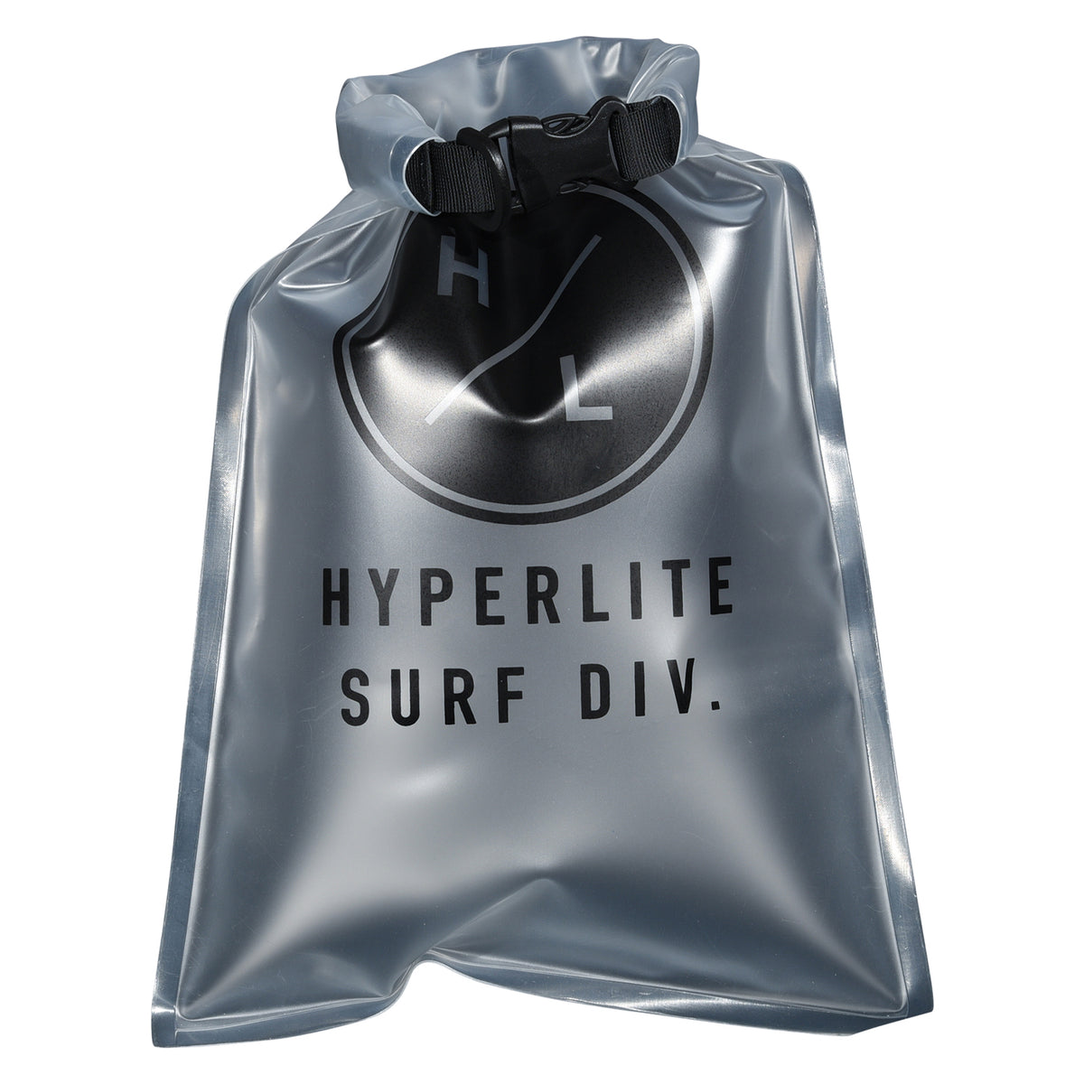 Front view of the iSUP Dry Bag rolled and clipped closed with clear material and printed logo.