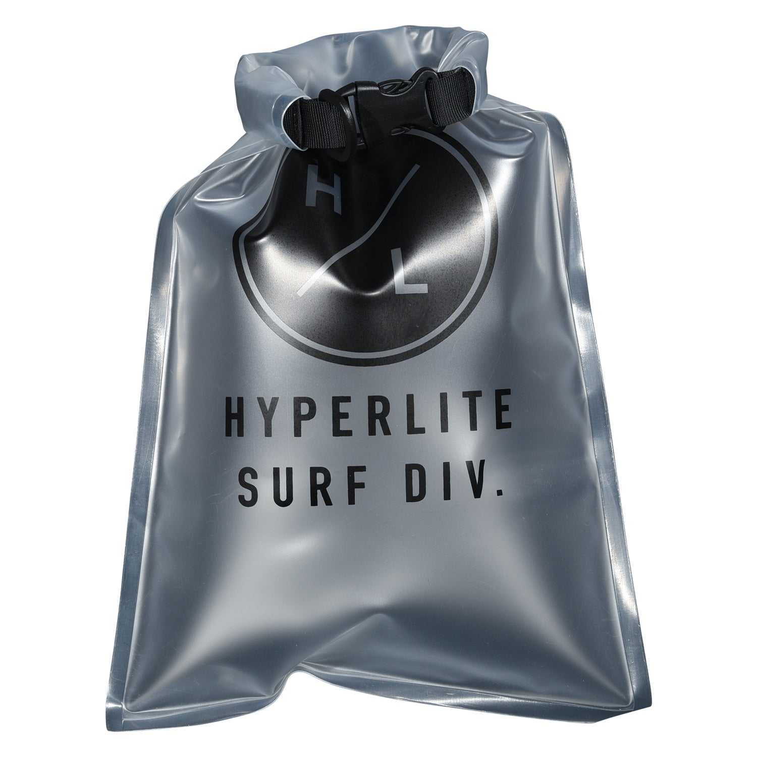 Front view of the iSUP Dry Bag rolled and clipped closed with clear material and printed logo.