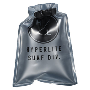 Front view of the iSUP Dry Bag rolled and clipped closed with clear material and printed logo.