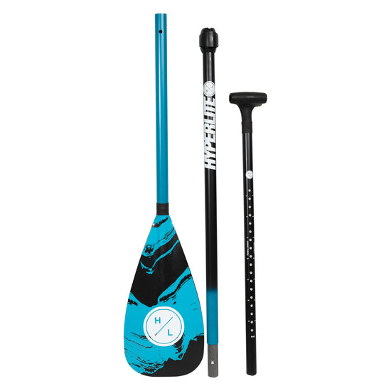 Front view of the iSUP Elevation Paddle disassembled into three sections with blue and black blade.