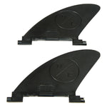 Front view of the iSUP Evolution Fin Kit showing two black clip-in fins with molded logos.