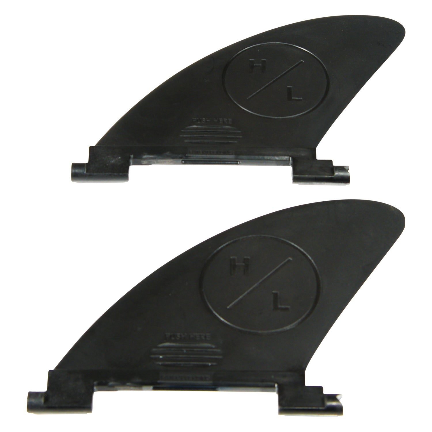 Front view of the iSUP Evolution Fin Kit showing two black clip-in fins with molded logos.