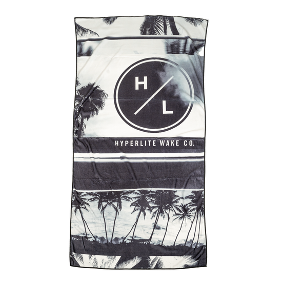 Wake Towel with palm trees and Hyperlite Wake Co. logo.