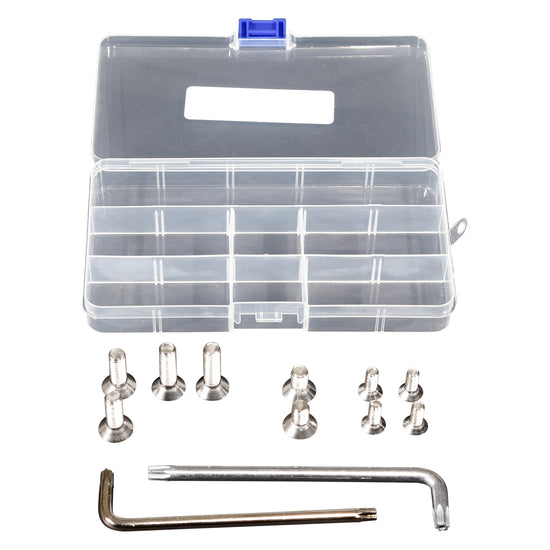 Top view of the Carbon Foil Mast Hardware Kit with open case, bolts, and tools arranged below.