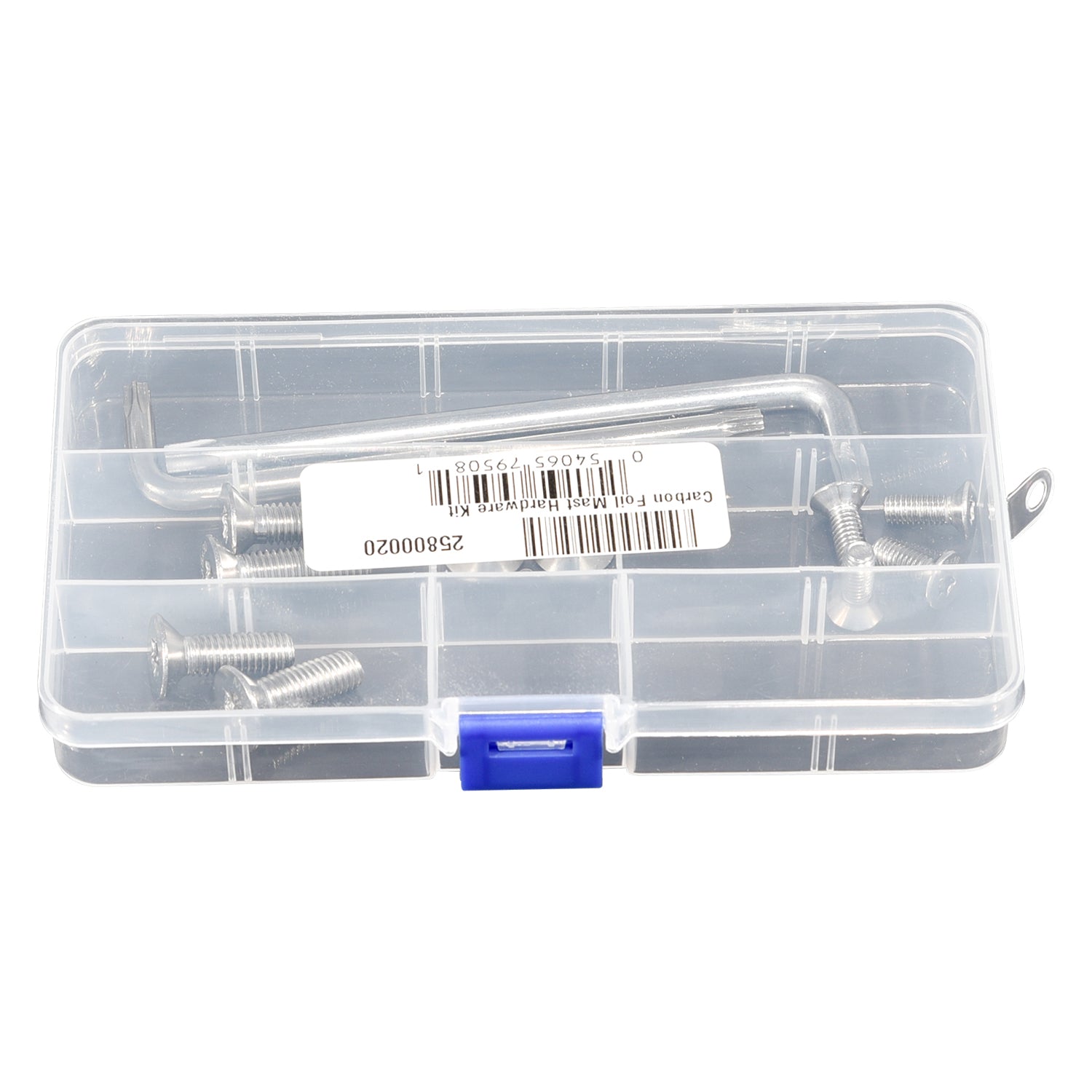 Top view of the Carbon Foil Mast Hardware Kit with clear case closed and hardware visible inside.