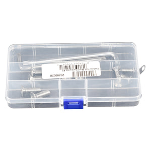 Top view of the Carbon Foil Mast Hardware Kit with clear case closed and hardware visible inside.