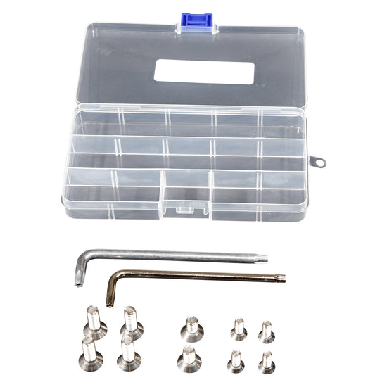 Top view of the Aluminum Foil Mast Hardware Kit with open case, bolts, and tools arranged below.