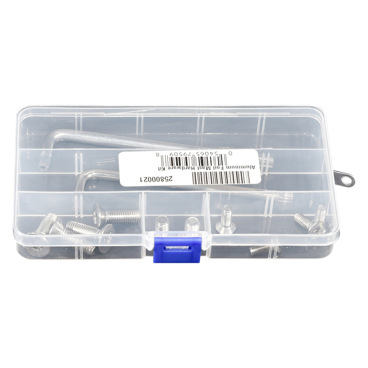 Top view of the Aluminum Foil Mast Hardware Kit with clear case closed and hardware visible inside.