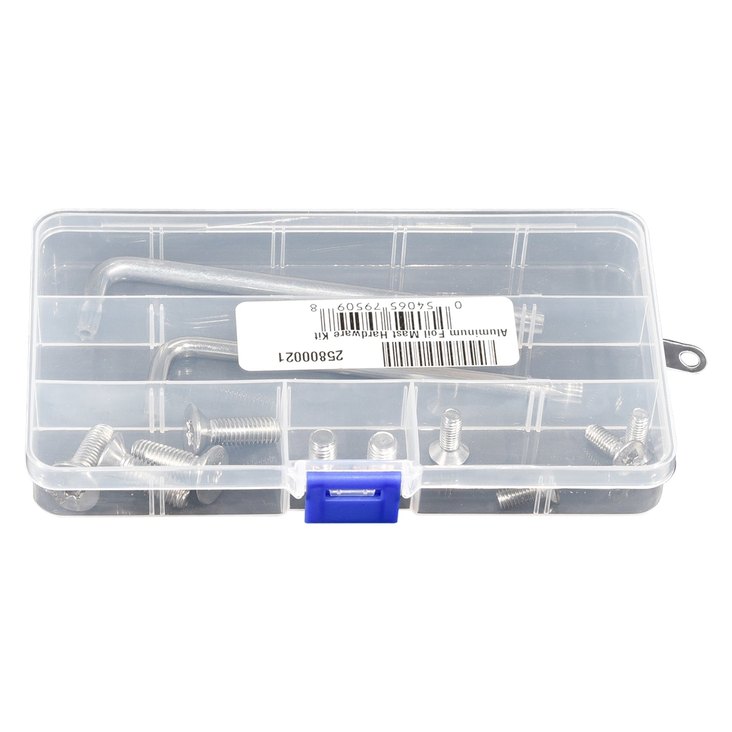 Top view of the Aluminum Foil Mast Hardware Kit with clear case closed and hardware visible inside.