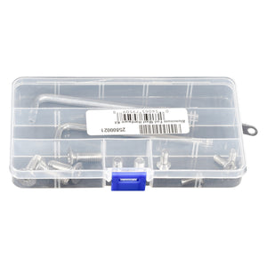 Top view of the Aluminum Foil Mast Hardware Kit with clear case closed and hardware visible inside.