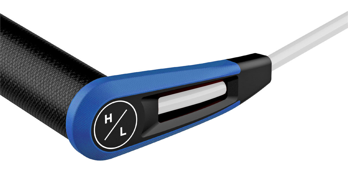 Close-up of the Team Rope Package handle in blue/black with suede grip and high/low dial.
