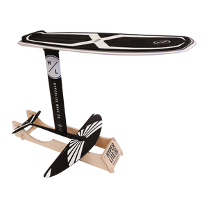 Foil Display Stand showcasing Hyperlite Foil with a wooden base.
