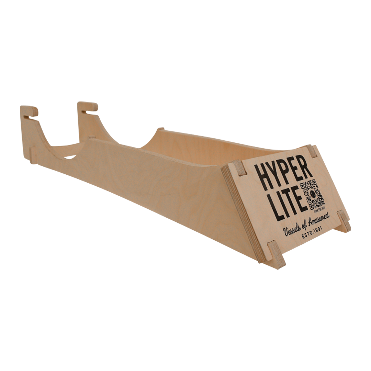 Wooden sled, Hyper Lite on side, displayed on a Foil Display Stand.