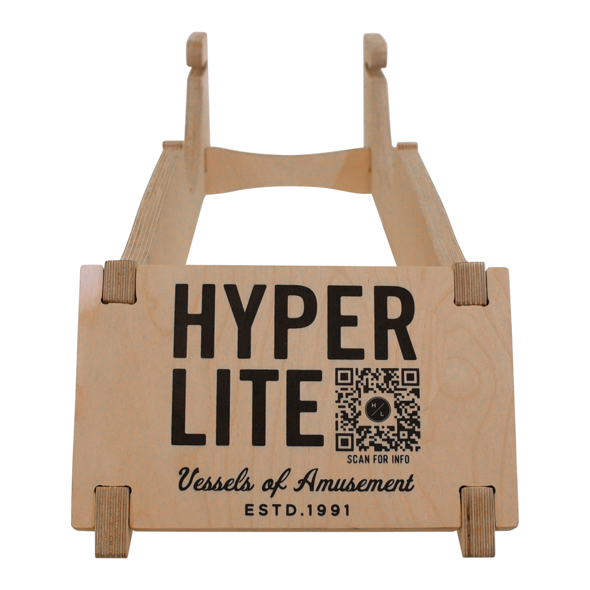 Wooden Foil Display Stand with QR code, Vessels of Amusement, ESTD. 1991.